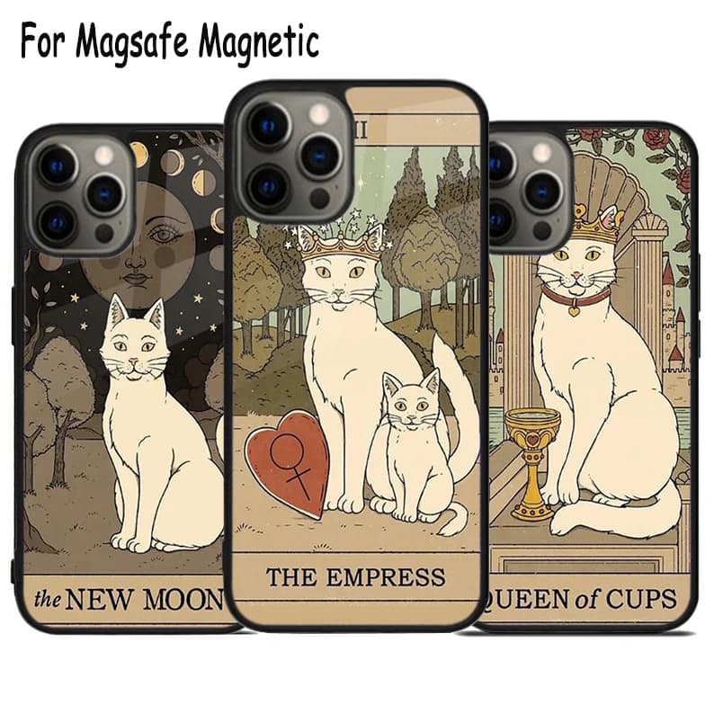 Custodia per telefono con ricarica wireless e design artistico di gatti Tarot per iPhone 17 Air 15 16 16e 14 13 11 12 Pro Max Plus, Cover Magnetica Magsafe