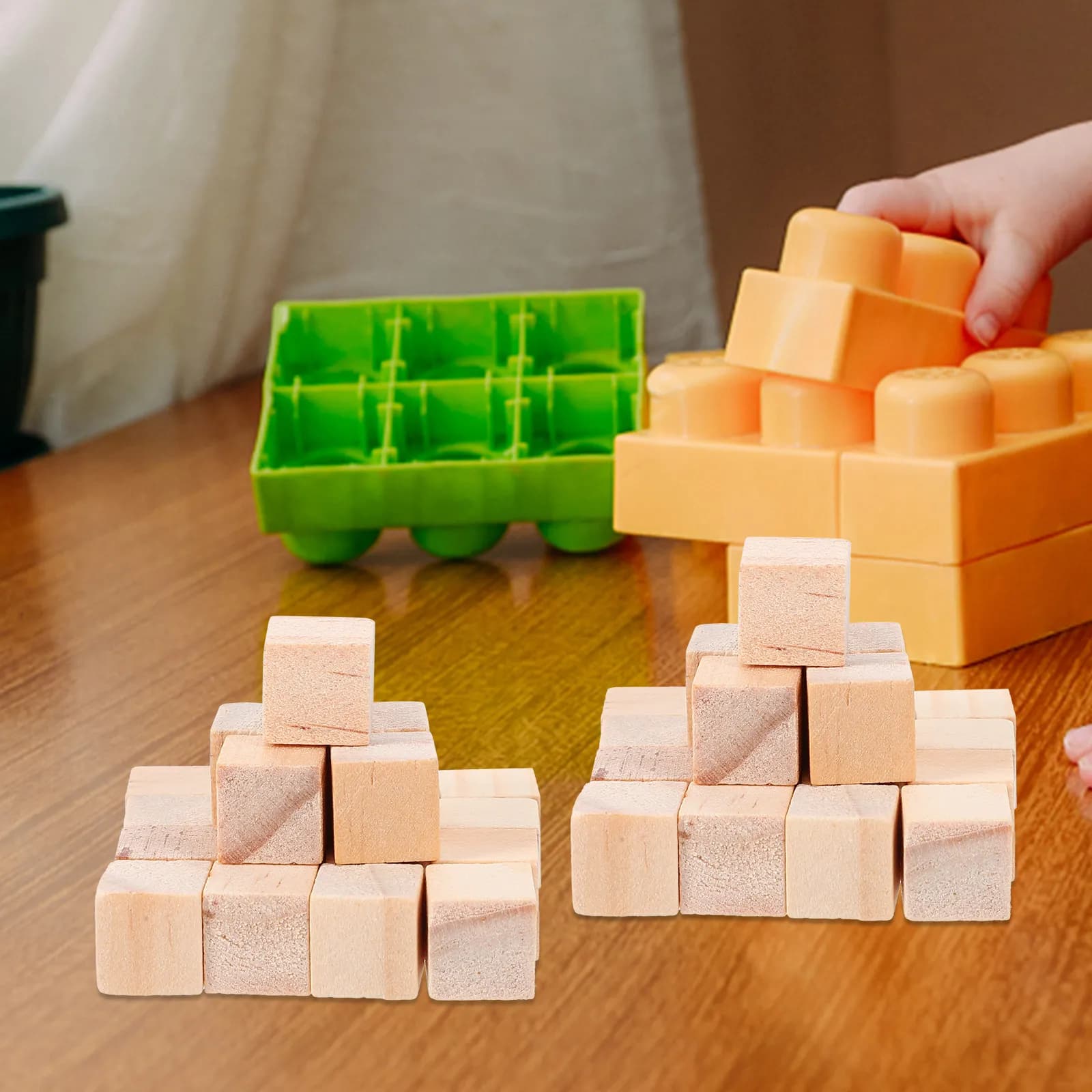 Set di 100 Cubi in Legno Massiccio, Gioco Educativo di Impilamento per lo Sviluppo Precoce dei Bambini, Set Interattivo Genitore-Figlio