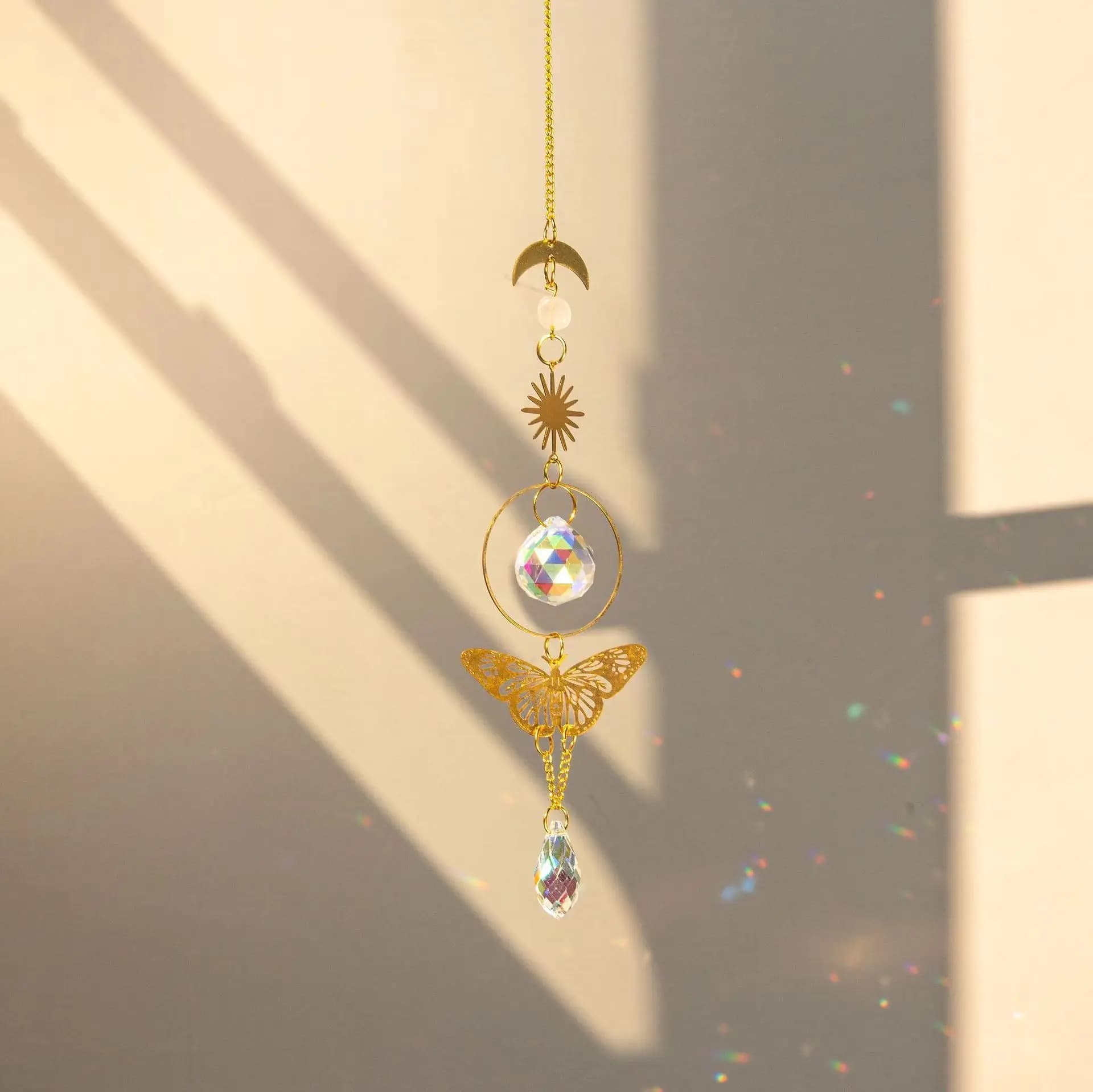 1pc Butterfly and Crystal Sun dream catcher, rose quartz and rough stone for garden, window and room decoration