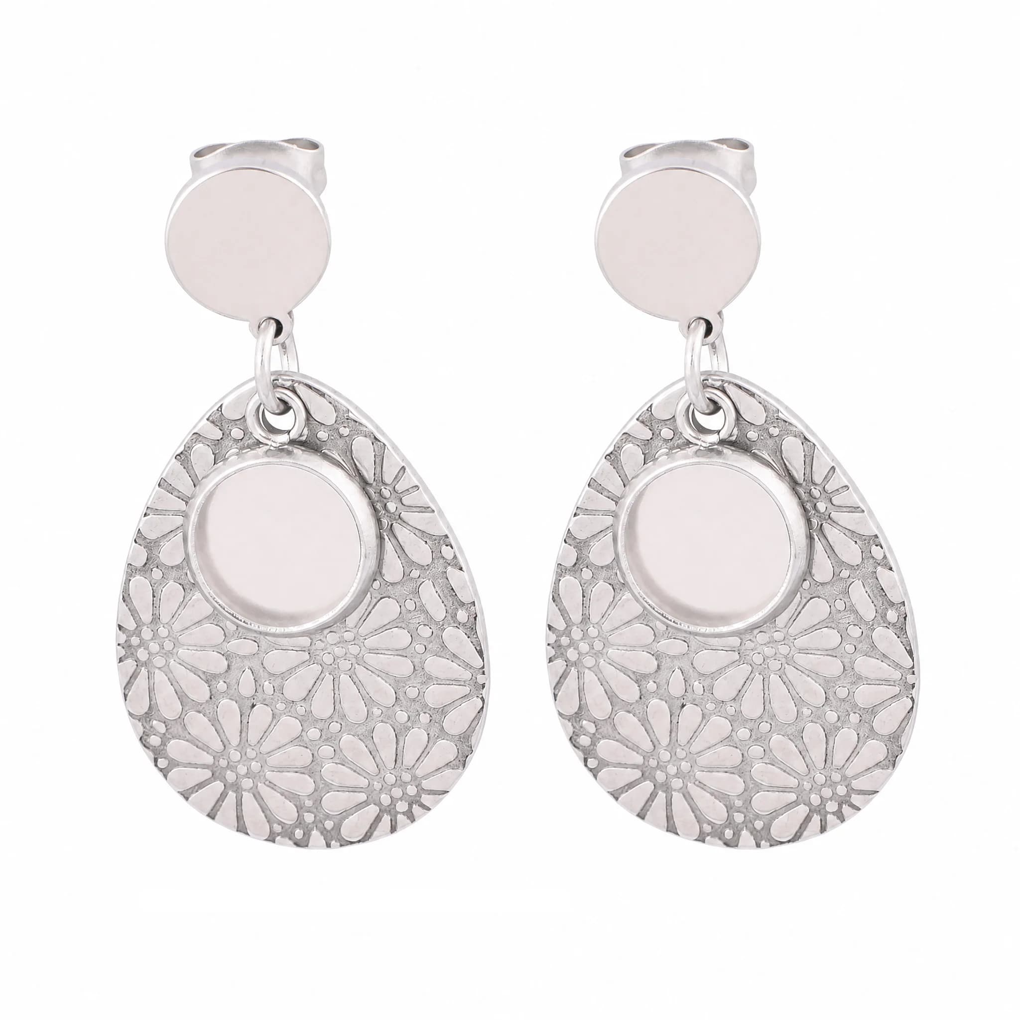 6pcs Stainless Steel Teardrop Floral Charm Earring Base Blanks Fit 8mm Cabochon Bezel Settings Diy Post Earrings Studs Findings
