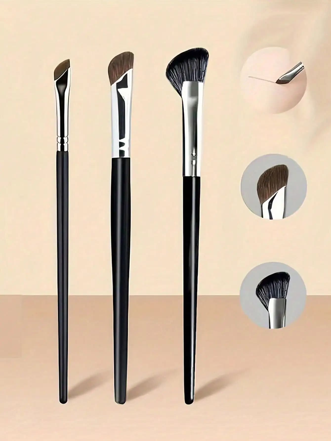 Set di 3 Pennelli per Contorno e Illuminante, Pennello Angolato per Contorno, Pennello Ultra Sottile per Naso e Ombretto, Strumenti di Precisione per il Trucco con Setole Morbide, Pennello per Fondotinta, Pennello per Correttore, Pennello per Blush, Pennello per Contorno, Pennello per Bronzer, Pennello per Cipria, Pennello per Fondotinta