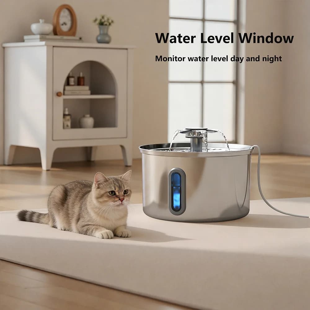 Fontanella d'Acqua in Acciaio Inox da 3L per Cani e Gatti con Finestra Trasparente, Ricaricabile, Sensore Automatico, Dispenser d'Acqua Silenzioso per Animali Domestici
