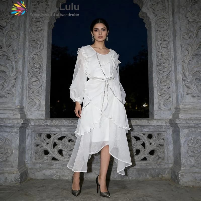 EDGLuLu Abito Lungo Bianco con Collo Rotondo e Maniche a Lanterna 2026, Design Donna con Volant Irregolari e Cintura 0425