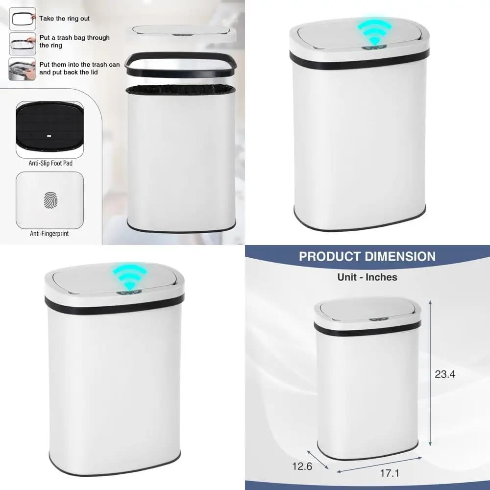Cestino Automatico con Sensore di Movimento da 13 Galloni, Bianco - Contenitore Impermeabile per Cucina, Casa e Ufficio
