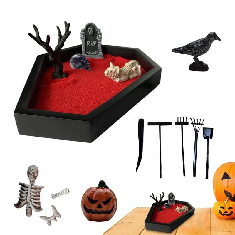 Decorazione da tavolo con sabbia per bara da campeggio di Halloween, kit da giardino Zen gotico con teschio per ornamento a tema Mini paesaggio raccapricciante