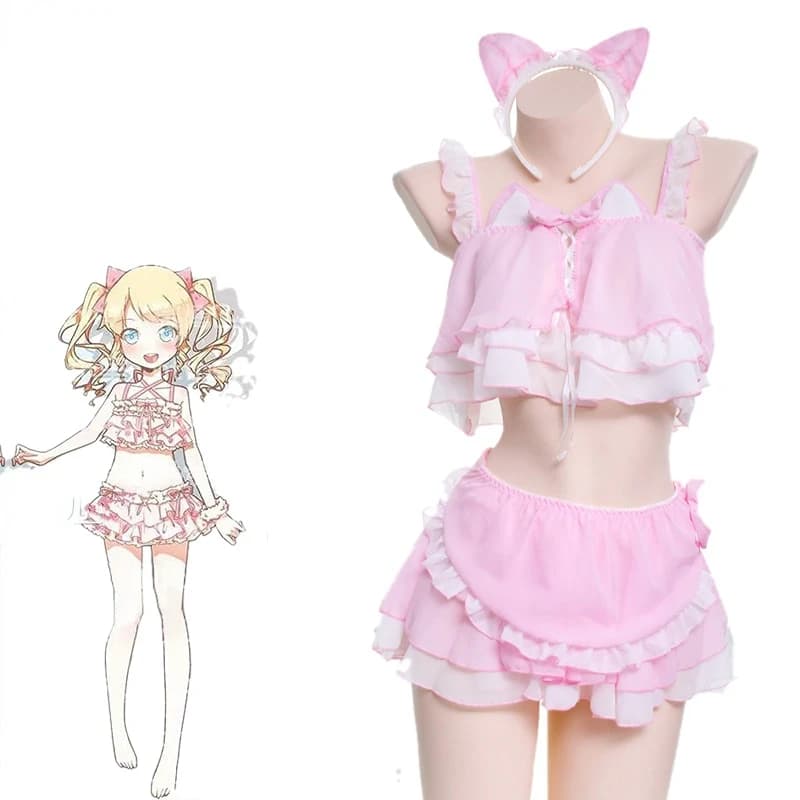 Anime Lolita Cats Girl Maid Costume da bagno Costume carino rosa orecchie di gatto costumi da bagno uniforme Pool Party Cosplay