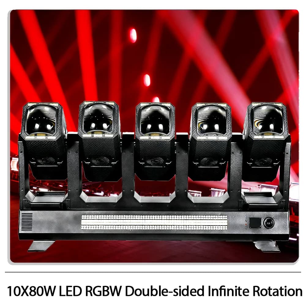 Faro mobile a doppia faccia 10X80W LED RGBW con rotazione infinita e anello luminoso, controllo DMX512 RDM per DJ, discoteche, feste, bar e club