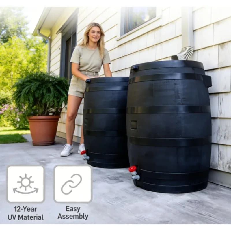 RTS Home Accents Set di 2 Barili per Acqua Piovana, Serbatoio da 50 Galloni ECO a Fondo Piatto per Raccolta Acqua Piovana in Plastica Riciclata