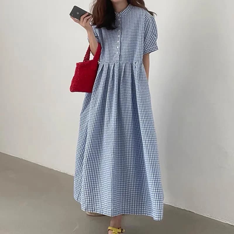 Chic Summer Vintage round Neck Small Button Loose Casual Plaid Knee-Length Long Dress Women City Walk Three-Quarter Sleeve