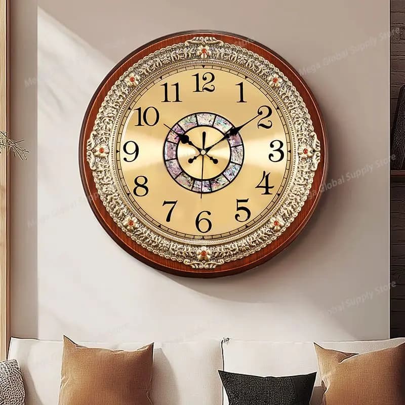 Solid wood light luxury retro wall clock, living room, home, fashionable wall-mounted decoration, silent clock, diameter 32