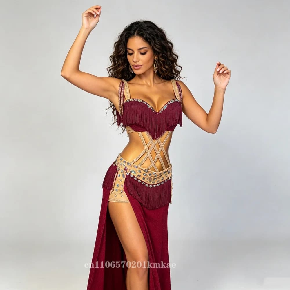 Red Sparkle Belly Dance Outfit with Tassel Bra Top, Crisscross Waist and Side Slit Skirt for Performance & Competition