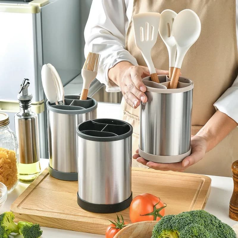 Tubo portaoggetti per utensili da cucina in acciaio inossidabile, portaoggetti da cucina multifunzionale girevole, contenitore per posate, porta coltelli