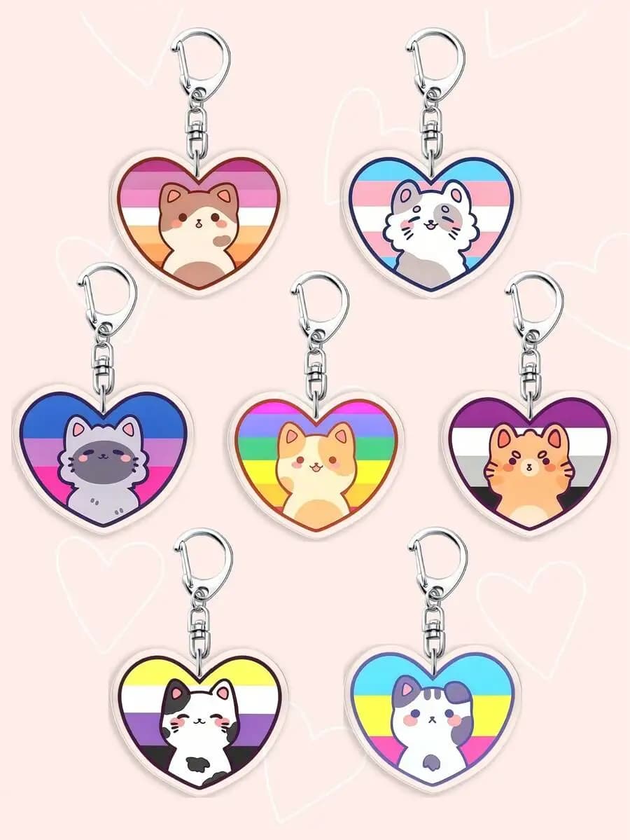 LGBT Pride Heart Cat Keychain Rainbow Bag Charm Kawaii Car Keyring Lanyard Phone Decor Graduation Party Gift