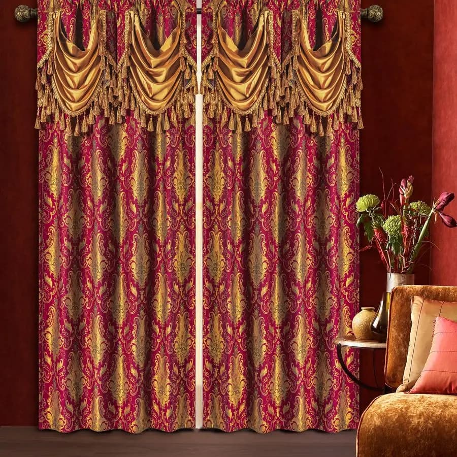 Luxury window curtains in red damask with waterfall mantovane and integrated shutters, classic blackout curtains in jacquard 2 panels for