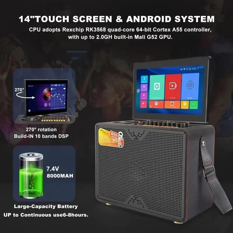 Macchina per karaoke per adulti con display a testi + 2 microfoni wireless, sistemi Karaoke con touch screen HD da 14"