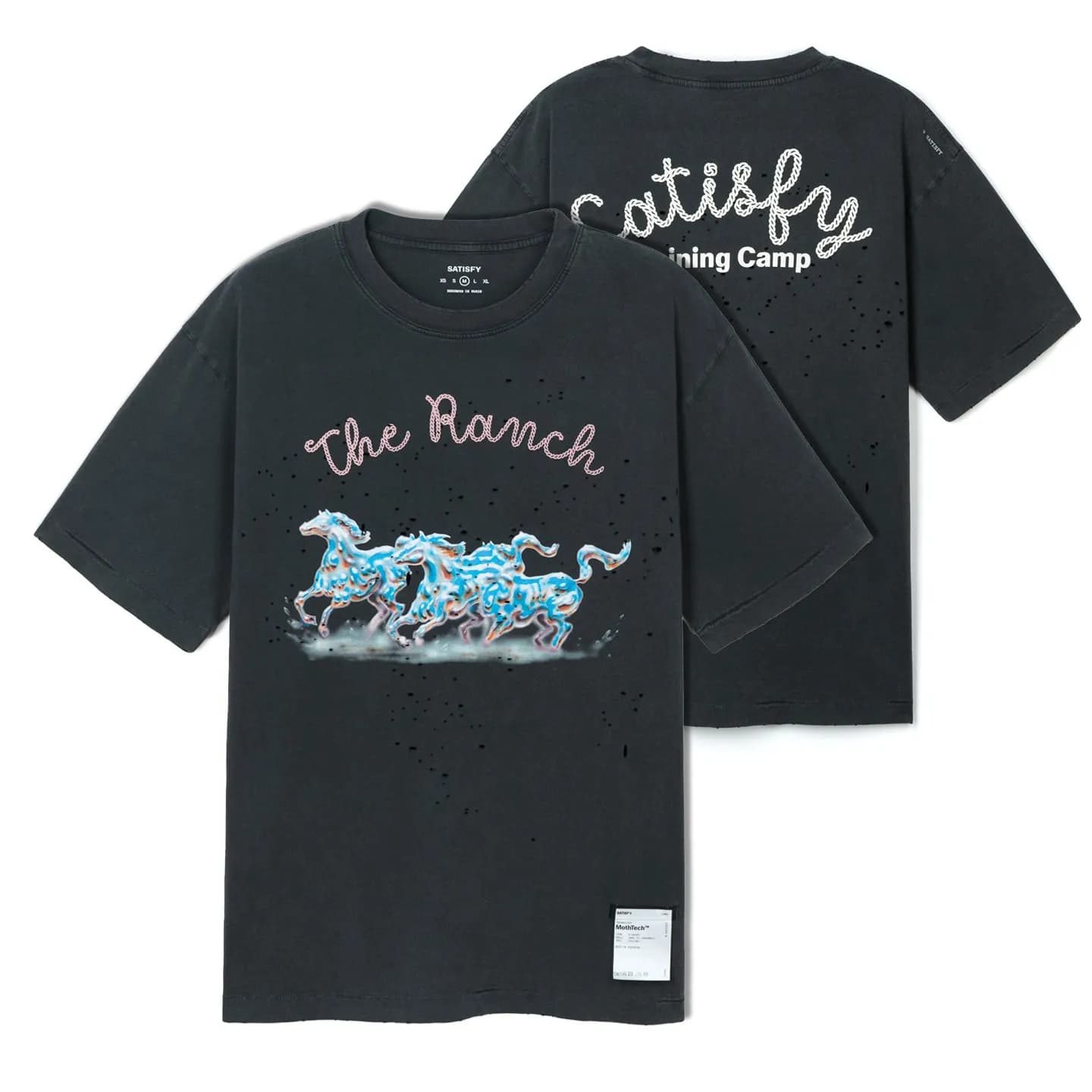 SATISFY Men's Retro High-Street Style Short-Sleeve T-Shirt, New Vintage-Washed, Distressed, Printed Crew Neck T-Shirt