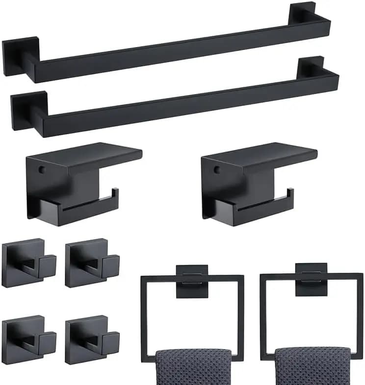 Set di accessori per il bagno neri da 10 pezzi, acciaio inossidabile SUS304, 2 portasciugamani da 23,6 pollici, 2 anelli, 2 porta carta igienica e 4 ganci