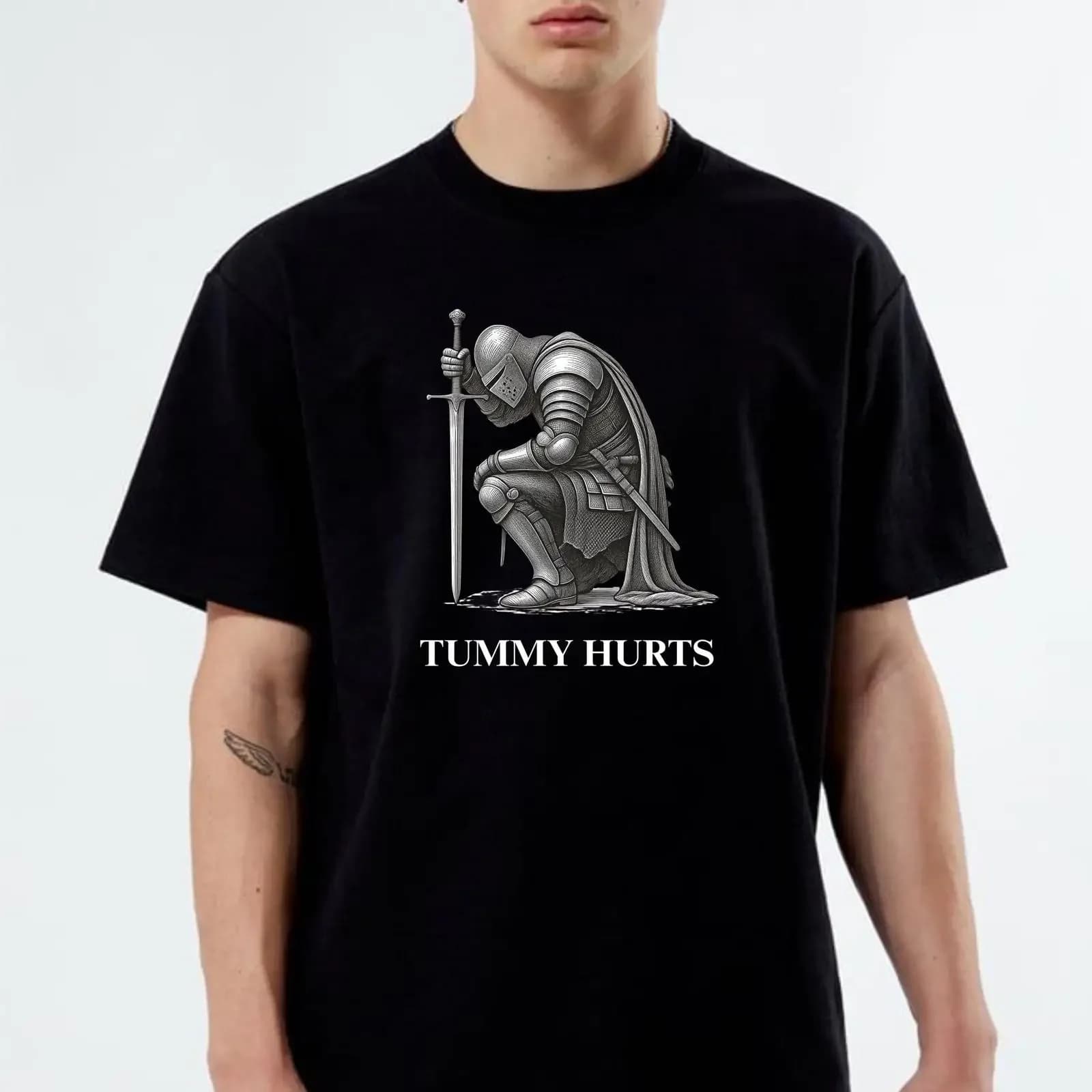 Funny Knight Kneeling T Shirt Tummy Hurts Stomach Ache Sarcastic XXL Black 100 Cotton Novelty Top vintage Washed Versatile