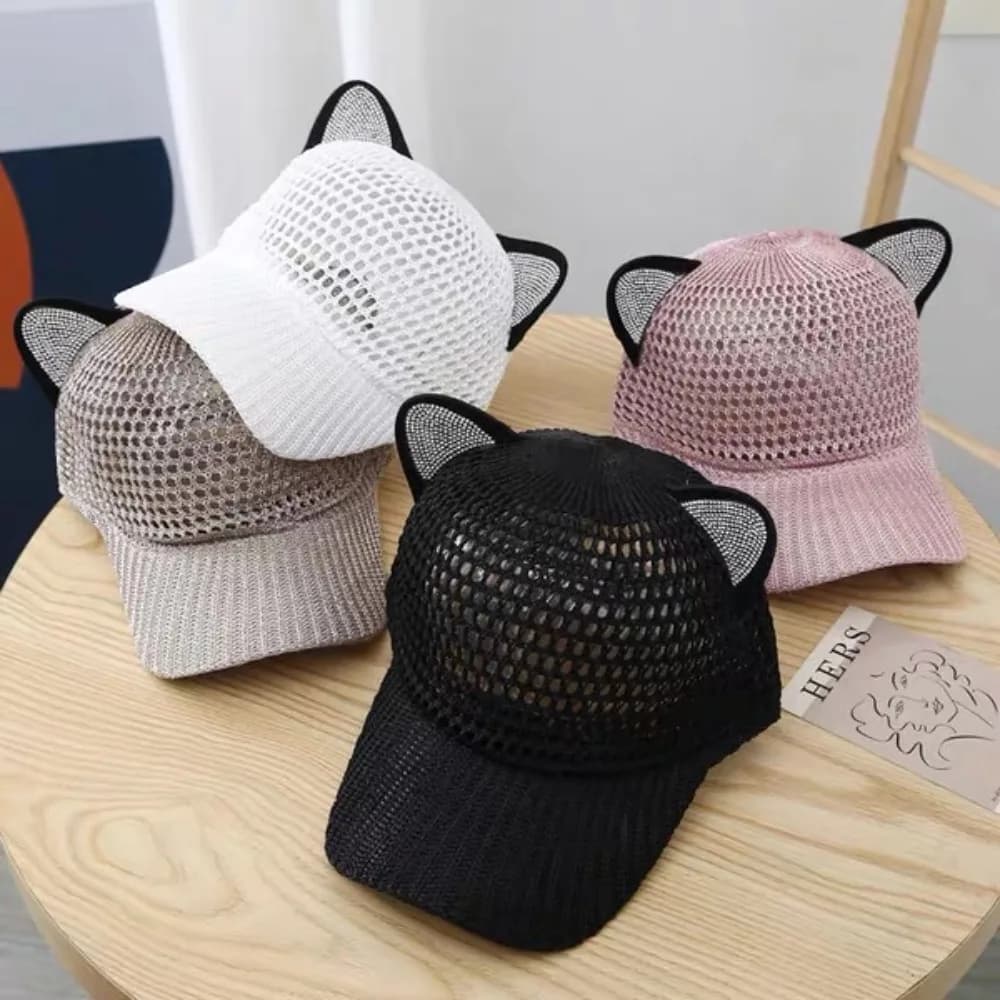 Cappellino da Baseball con Orecchie di Gatto, Decorazione Diamantata, Traspirante, Design Traforato, Semplice, Unisex, per Esterni