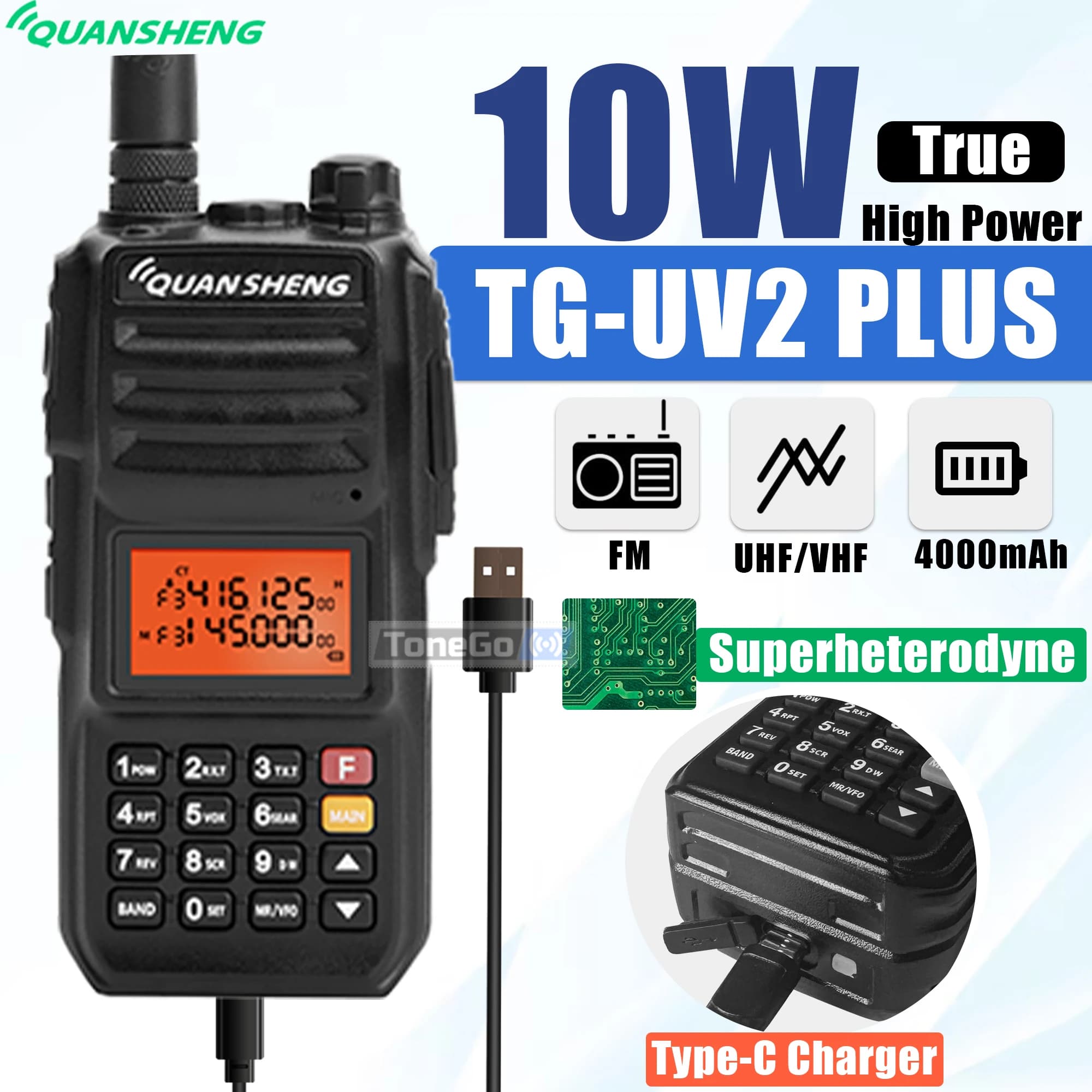 Quansheng TG-UV2 Plus 10W Walkie Talkie USB-C Caricatore Supereterodina UHF VHF Dual Band FM Ham portatile a lungo raggio Radio bidirezionale