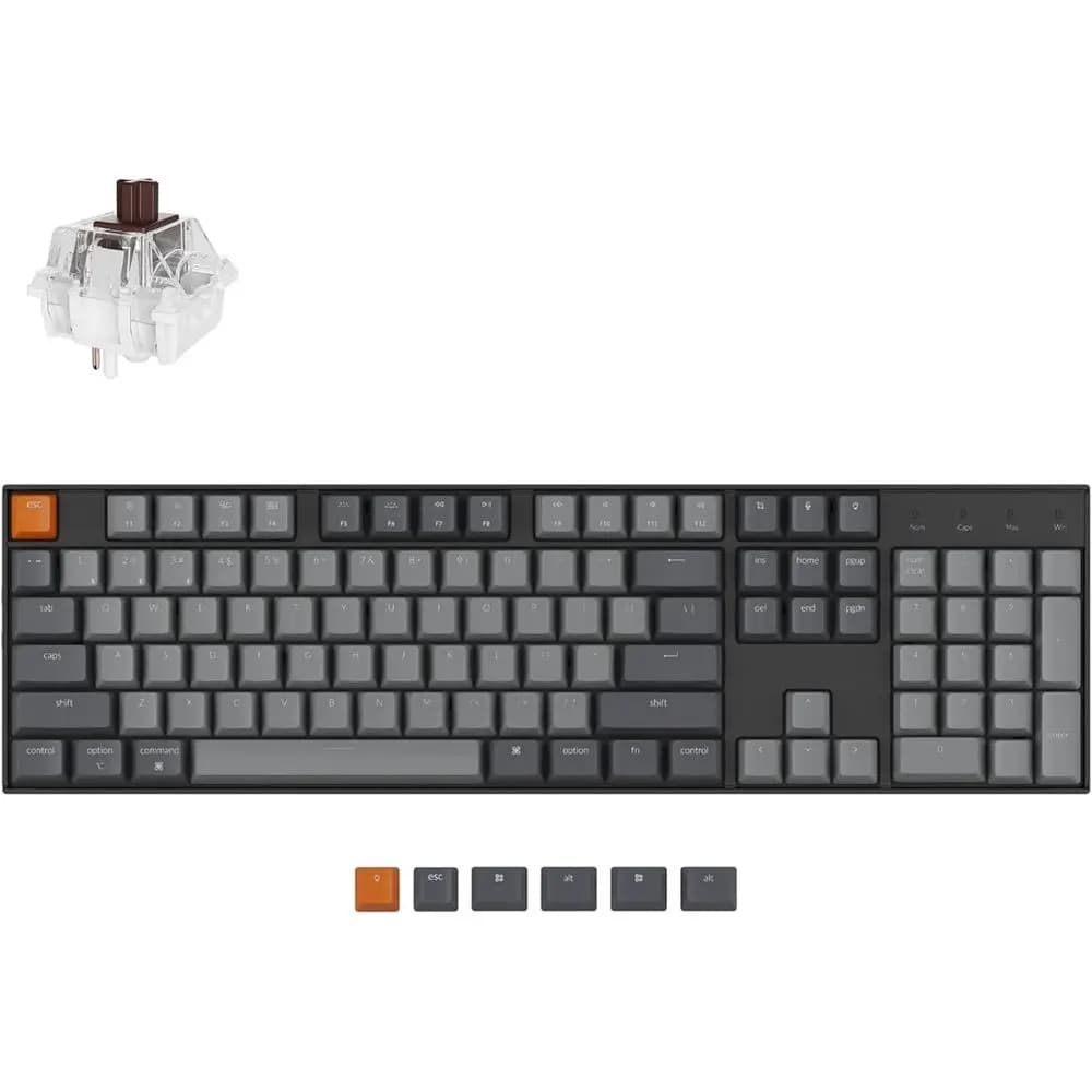Tastiera Meccanica da Gaming Full-Size 104 Tasti con Bluetooth, Switch Marroni, Multitasking, Retroilluminazione LED Bianca, Cablata USB-C