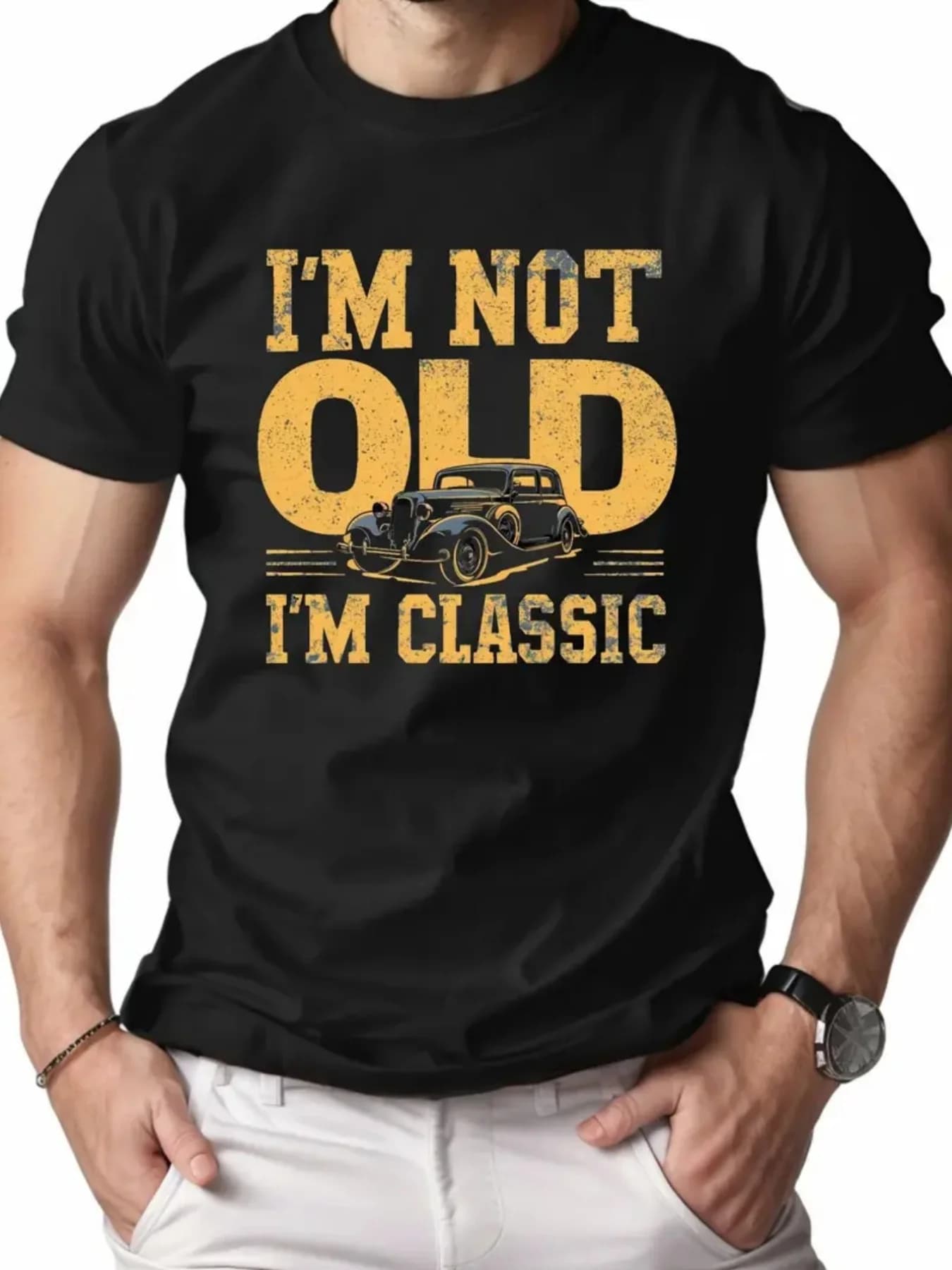 T-shirt da uomo con stampa 'I'm not old, I'm classic' - Casual, a maniche corte e girocollo, con illustrazioni di auto d'epoca