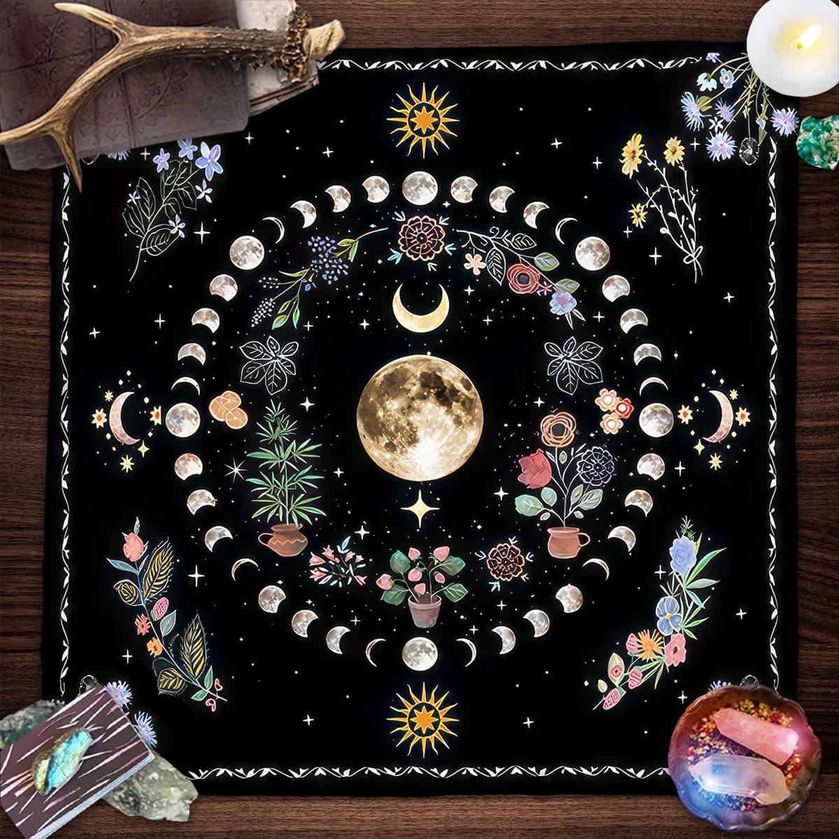 Panno per altare botanico lunare Tappetino per tarocchi Tripla luna Divinazione floreale Tovaglia per tarocchi Decorazione per altare strega Tappetino per carte oracolo spirituale