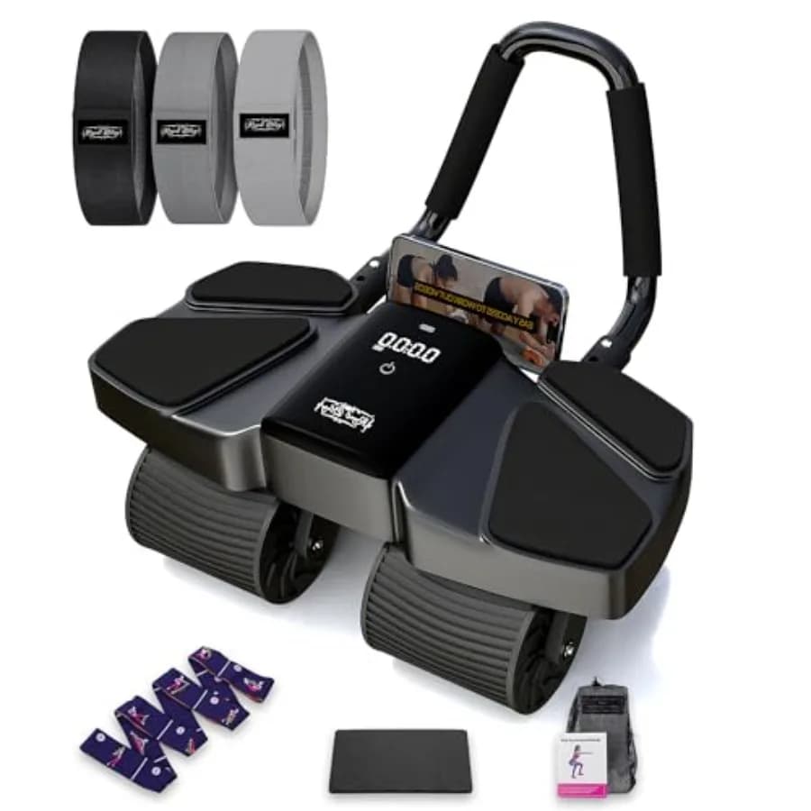 Rullo per Addominali con 4 Ruote, Attrezzo per Palestra Domestica, con Rimbalzo Automatico, Cinghia per Stretching Yoga, 3 Fasce di Resistenza