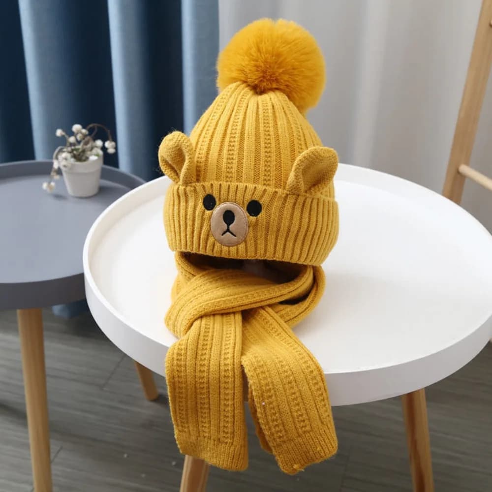 Set di cappelli sciarpa per bambini con orso di peluche tutto-fiammifero, berretto di lana caldo per cartoni animati, berretto lavorato a maglia caldo per ragazze