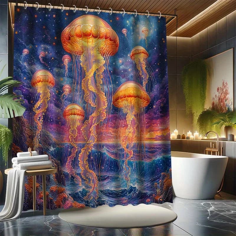 Set tenda da doccia con meduse arancioni, paesaggio fantasy psichedelico, stile pittura a olio, divisorio per vasca, arredamento moderno per il bagno