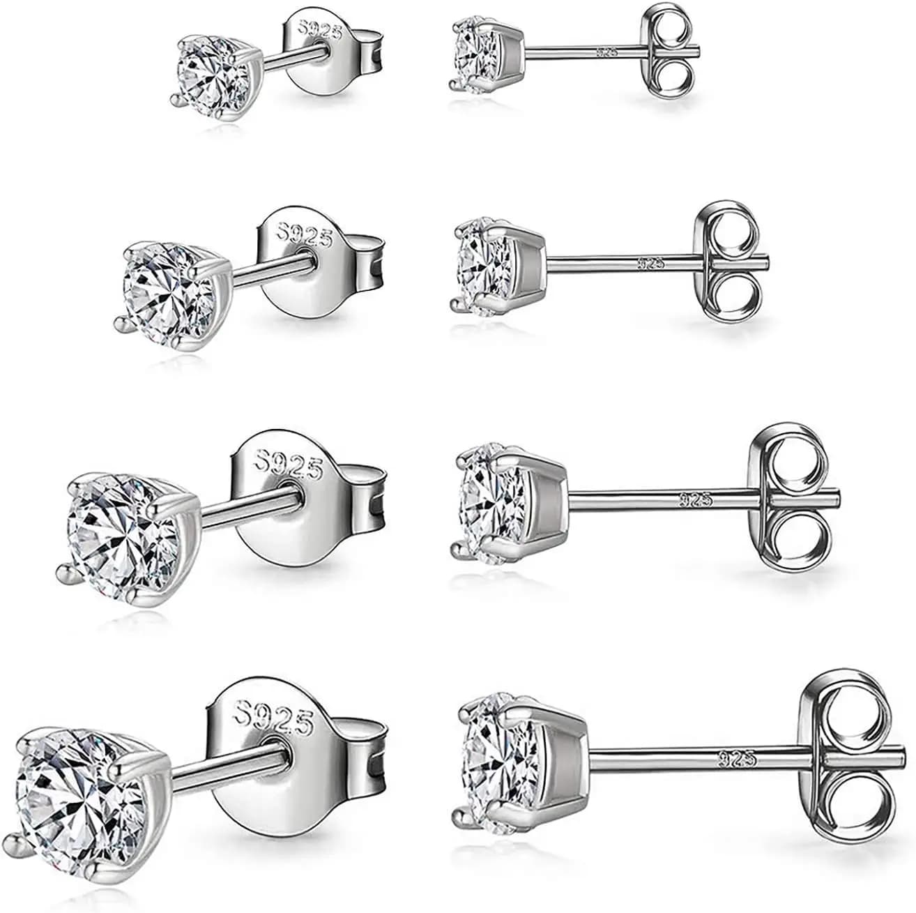 925 Sterling Silver Stud earrings Set | White Gold Plated Hypoallergenic Stud Earrings | Cubic Zirconia Stud Earrings for Women