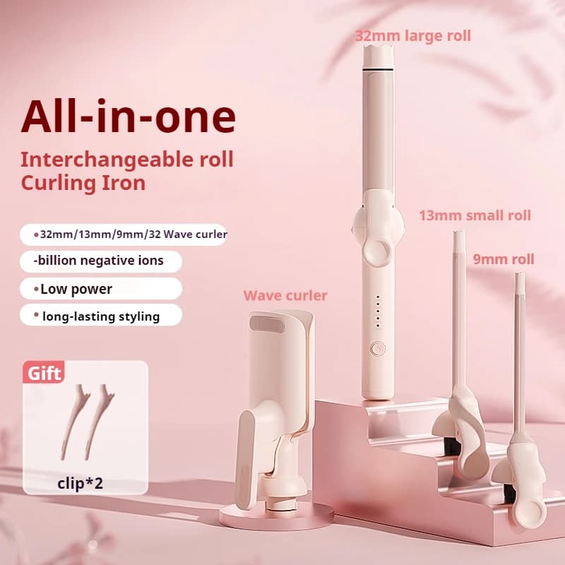 4-in-1 curling iron with Ceramic Coating, Multi-Dimension, Styling Tool with 5 Temperature Settings, Pink Tie for Hairstyles