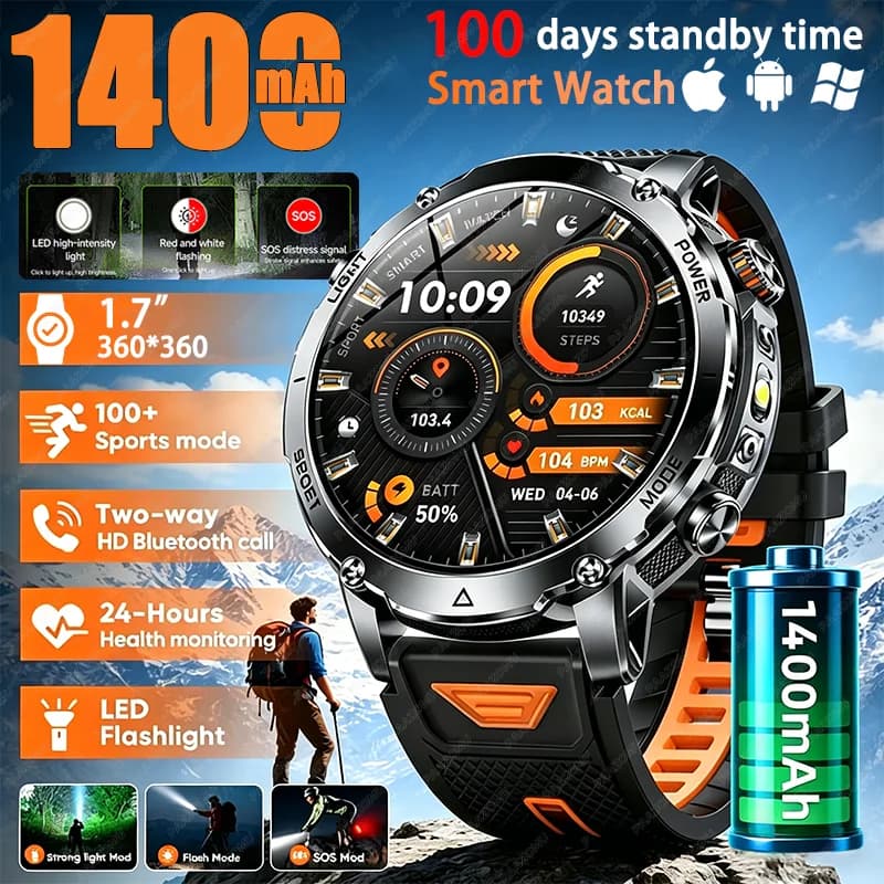 Nuovo Smartwatch Militare da Uomo 2026 con Batteria da 1400mAh, Impermeabile IP68, Cardiofrequenzimetro, Torcia LED Tattica, Braccialetto Sportivo