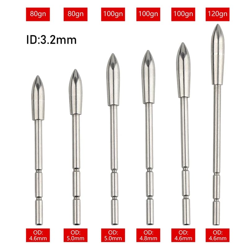 12PCS 80/100/120gr Punte di freccia Punta di freccia per ID 3.2mm Albero di freccia OD 4.6/4.8/5.0mm Testa larga Tiro con l'arco da caccia