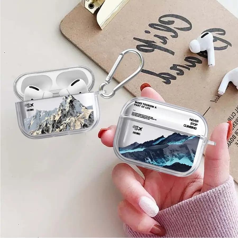 Custodia trasparente per auricolari AirPods Pro 3, Pro 2, Pro 1, 4, 3 - Cover creativa con arte montagna