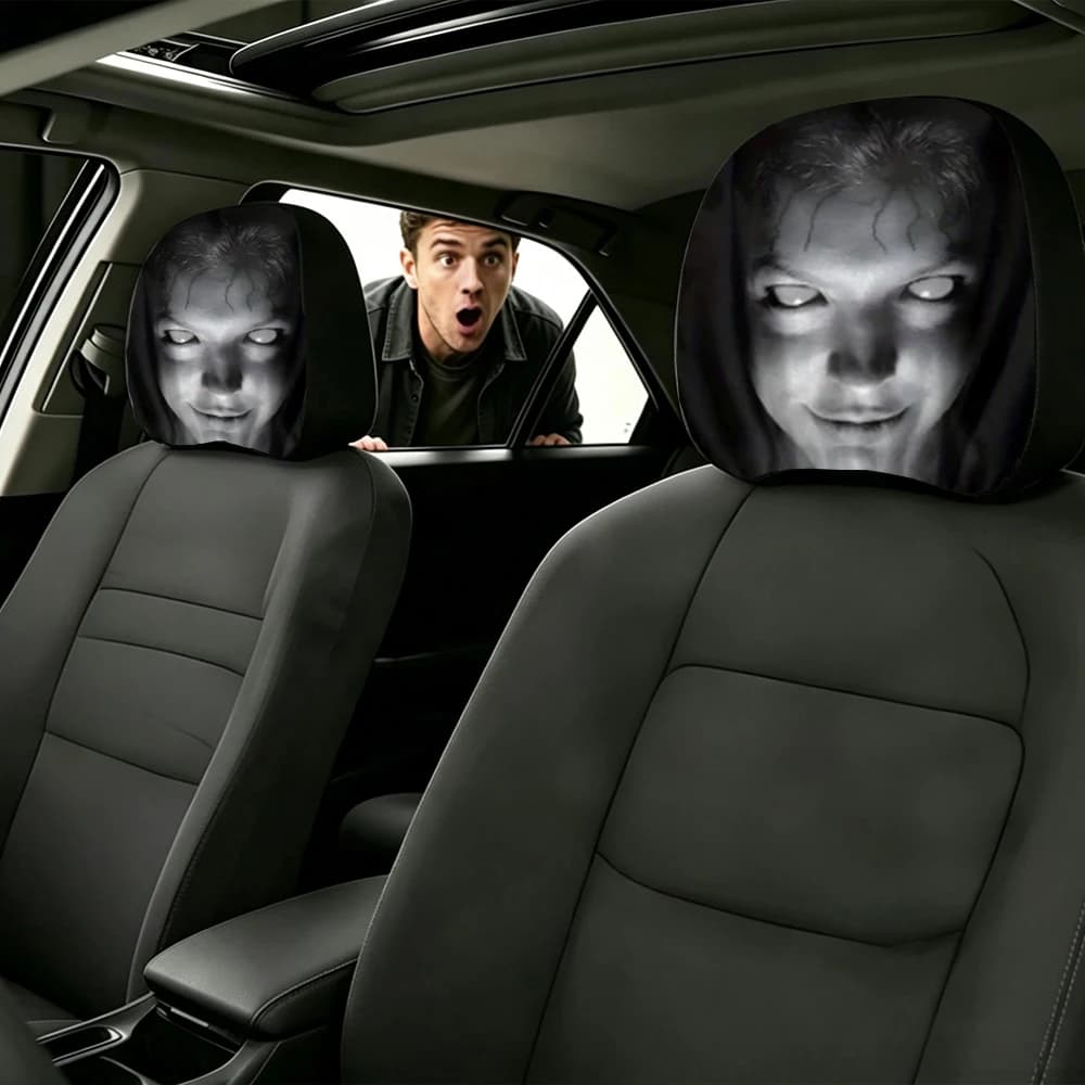 2PCS Scary Ghost Face Car Headrest Covers Universal Elastic Breathable Horror Style Auto Seat Decor