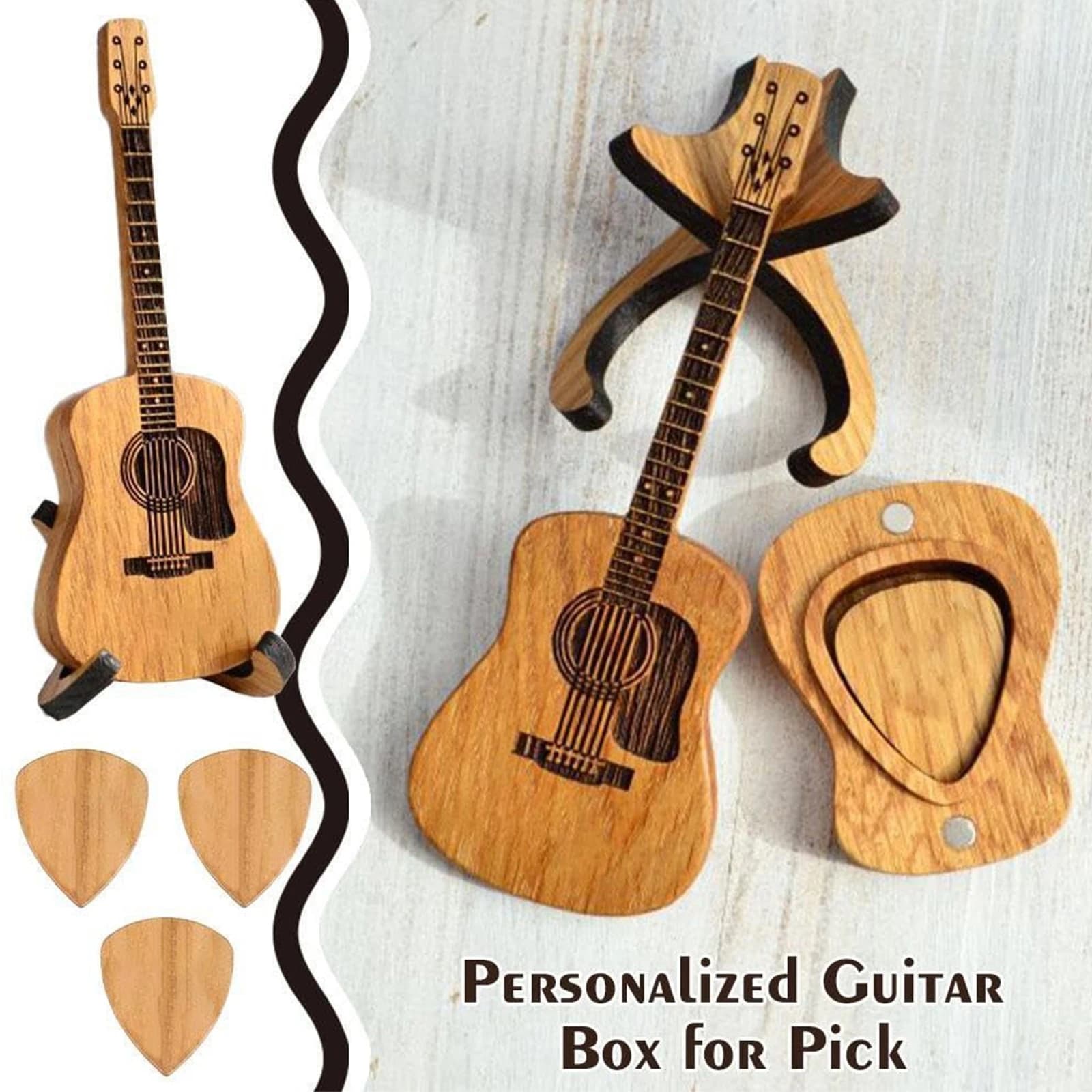 1 set di mini scatole portaoggetti in legno per chitarristi con 3 plettri in legno, scatola per chitarra acustica, regali per padre, fratelli o amici