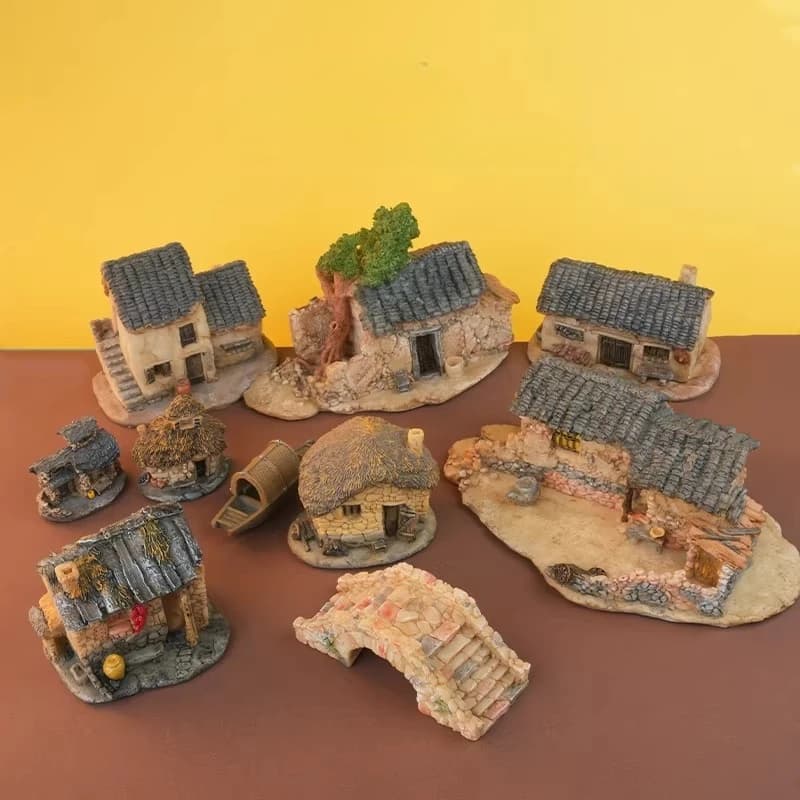 Creative micro landscape ornament,resin mini houses bridge,desktop crafts,bonsai potted plants landscaping decoration,home decor
