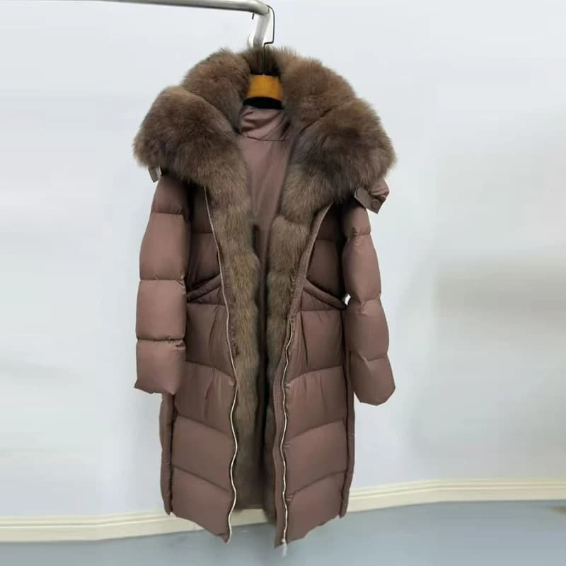 Nuovo Piumino Premium 2025 con Collo in Pelliccia, Lungo Sopra il Ginocchio, Imbottito, con Cappuccio, Stile Casual per Donna