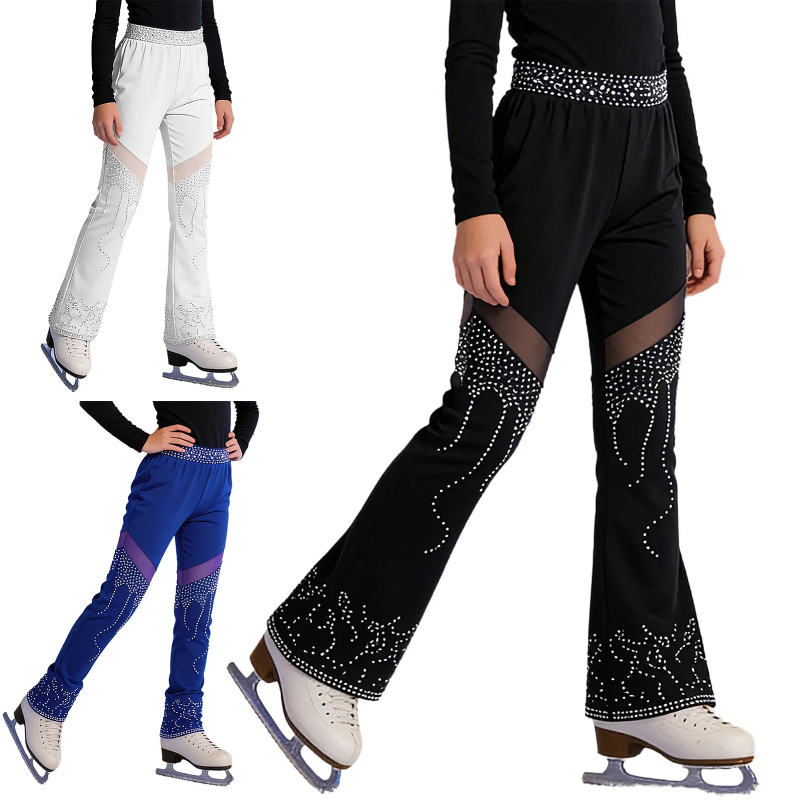 Pantaloni per Pattinaggio Artistico su Ghiaccio per Bambine, Leggings Sottili Foderati in Pile per Ginnastica, Pantaloni con Elastico in Vita e Strass in Rete