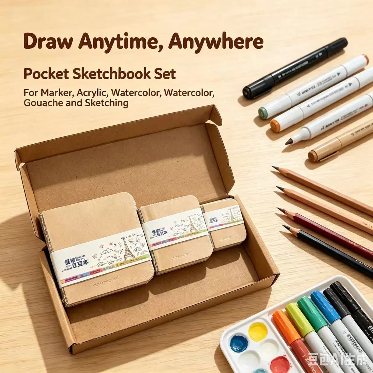 Pocket Square Sketchbook, Medium Grain Blank Pages, Watercolor Acrylic Markers Creative Set, Travel Doodle Gift for Artists