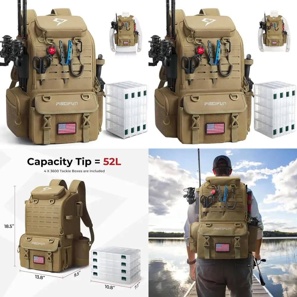 52 Liters Large Fishing Backpack With Cane Door, 4 Boxes And Rain Cover For Storage