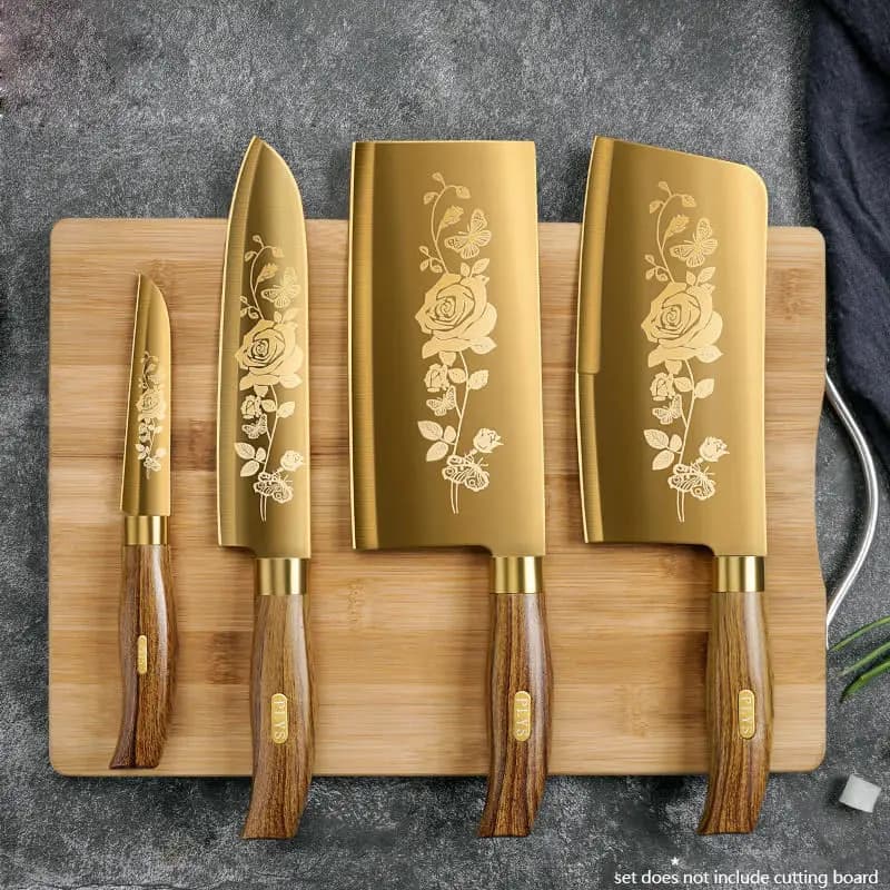 Set di 4 coltelli da cucina con motivo rosa dorato, coltello da chef in acciaio inossidabile di lusso per cucinare, utensili da cucina professionali affilati