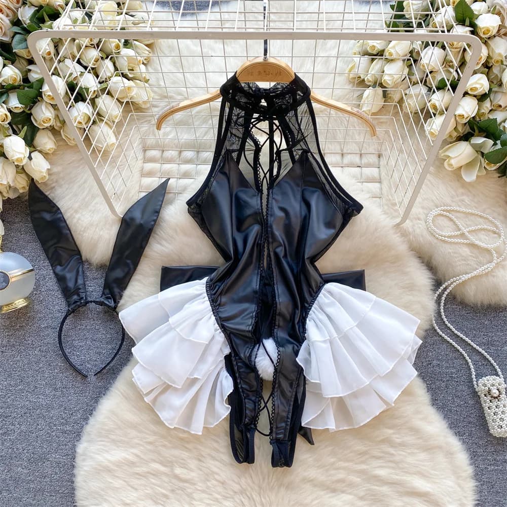 Sexy Sleeveless With American Neckskin patchwork lace net skirt slim fit pyjamas suit Hotsweet Cosplay Bunny Girl Body