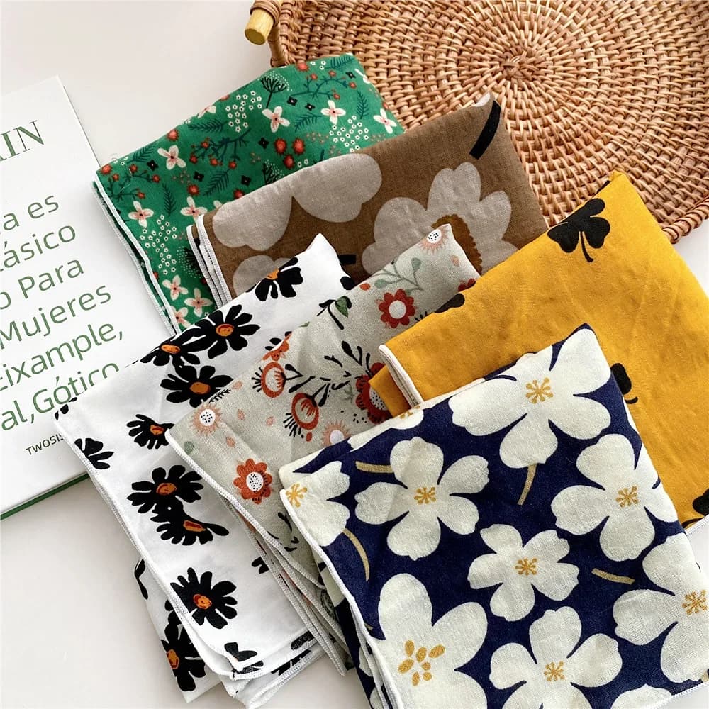 Floral Print Neckerchief Women Hair Scarf Square Handkerchief Cotton Neck Scarves Small Wraps Cute Bandana Head Scarfs 55*55CM