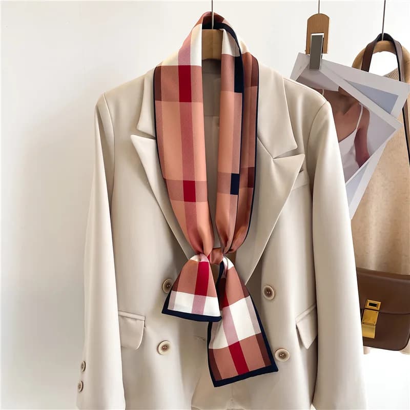 Foulard in seta a quadri con nastro sottile, fascia per capelli, decorazione per confezioni, stampa fronte-retro da donna