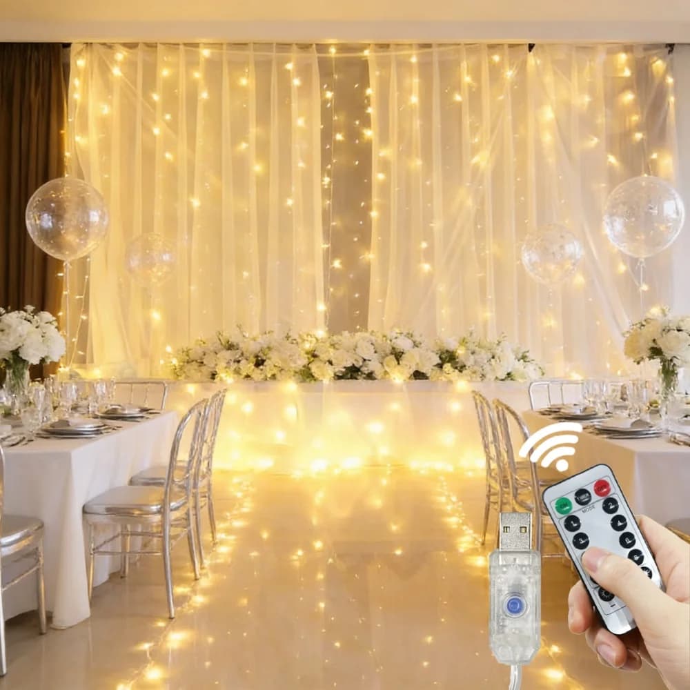 Luci a LED a filo con telecomando per tende e ghirlande, decorazione per feste e matrimoni, 8 modalità, USB, luci natalizie per camera da letto, casa, esterni