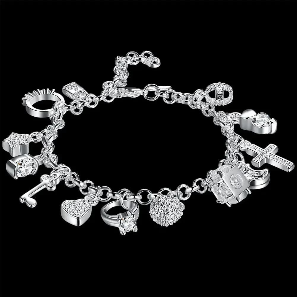 Catena per braccialetto con ciondolo da donna con chiave a forma di cuore con anello a croce in argento sterling 925 da 8 pollici