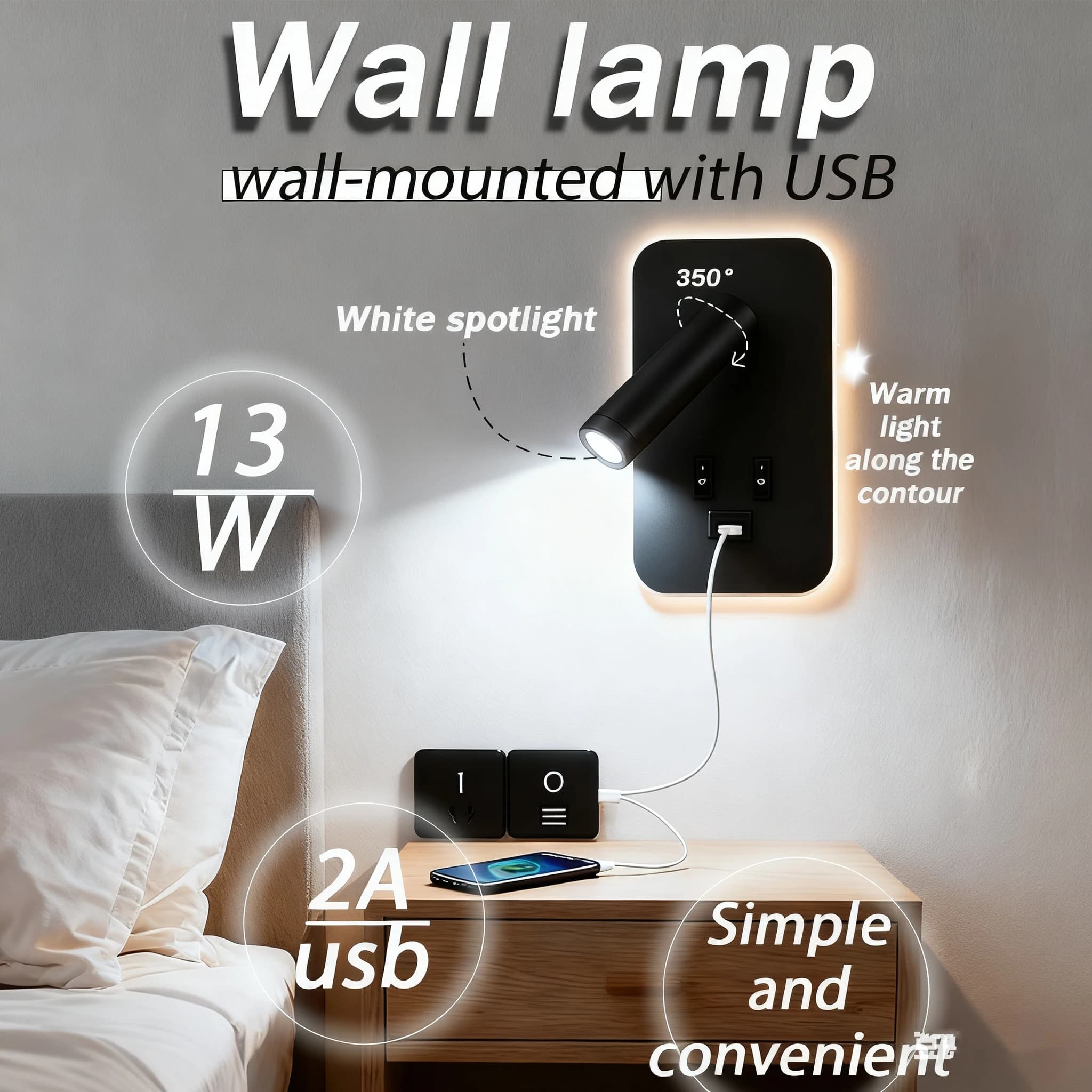 Lampada da parete da lettura con USB 13W Lampada da parete girevole da comodino Doppio interruttore Faretti per camera da letto a LED