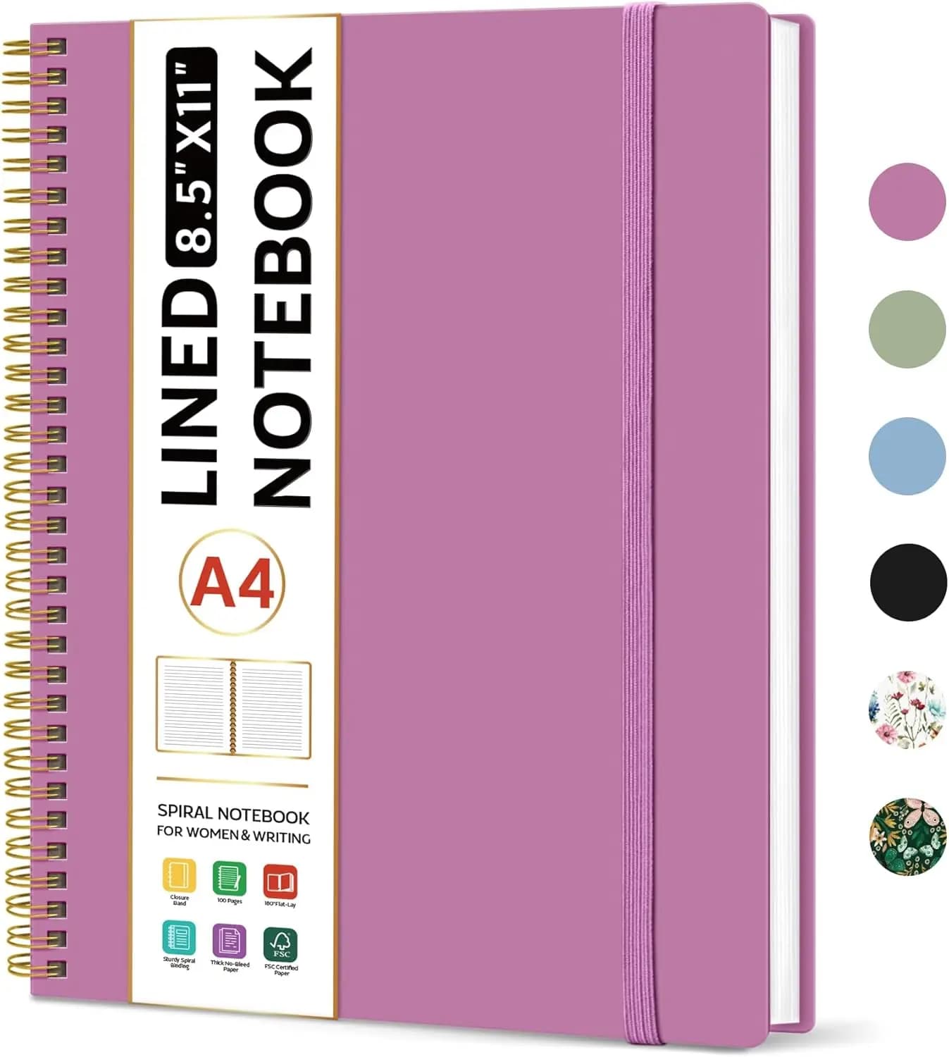 Quaderno a spirale, formato A4 (8,5x11 pollici) per lavoro e scuola, con righe, copertina in plastica viola